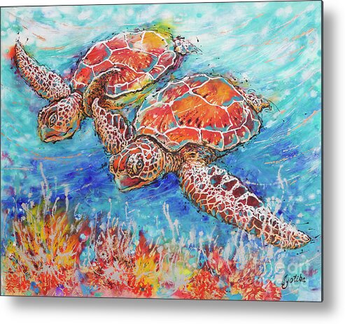 Marine Turtles Metal Print featuring the painting Gliding Sea Turtles by Jyotika Shroff