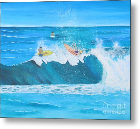 Surfing Metal Print featuring the painting Grubbing at the Crest by Elizabeth Mauldin