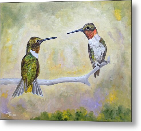 Hummingbirds Metal Print featuring the painting Hanging Out Together by Angeles M Pomata