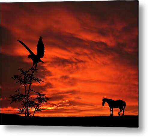 Heading Home Metal Print featuring the mixed media Heading Home Horse Eagle Sunset Silhouette Series  by David Dehner