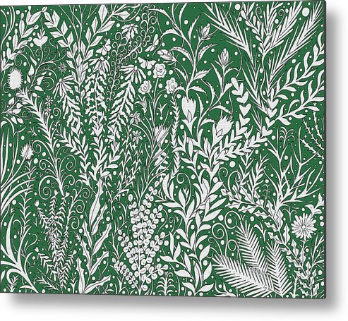 Lise Winne Metal Print featuring the tapestry - textile Horizontal Tapestry Design In Green With Flowers, Leaves And Small Butterflies by Lise Winne