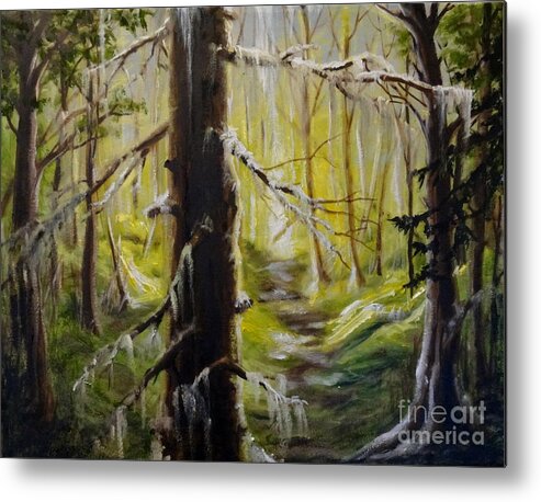 Forest Trees Light Dark Landscape Sky Shadows Shade Ground Moss Grass Branches Leaves Path Glow Metal Print featuring the painting Inside The Forest by Ida Eriksen