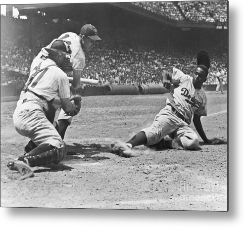 People Metal Print featuring the photograph Jackie Robinson Steals And Slides by Bettmann