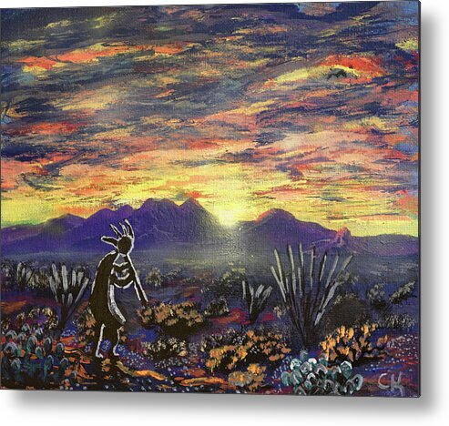 Kokopelli Metal Print featuring the painting Kokopelli and an Arizona Sunrise over the Santa Rita Mountains by Chance Kafka