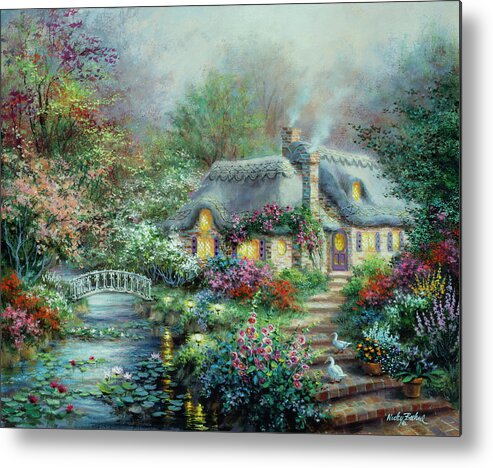 Little River Cottage Metal Print featuring the painting Little River Cottage by Nicky Boehme