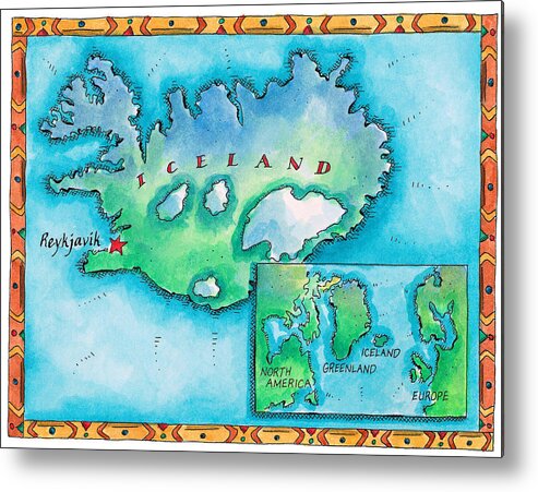 Watercolor Painting Metal Print featuring the digital art Map Of Iceland by Jennifer Thermes