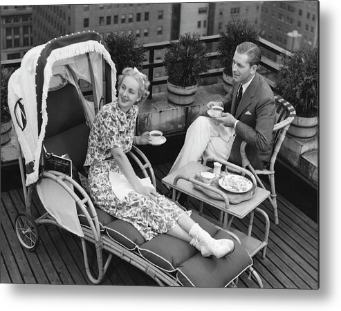 Heterosexual Couple Metal Print featuring the photograph Mature Adults Eating And Drinking by George Marks