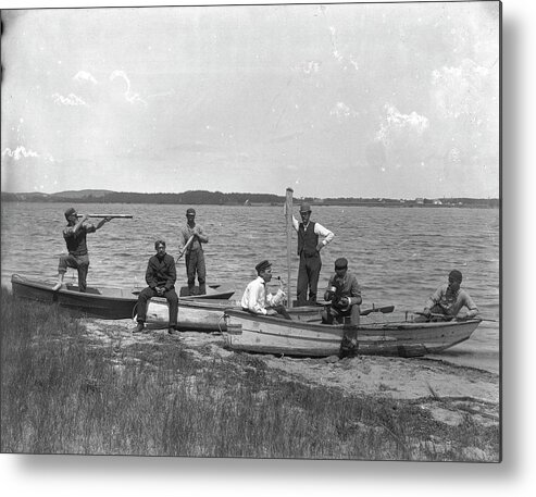 People Metal Print featuring the photograph Men In Rowboats On A Narrow Beach By A by The New York Historical Society