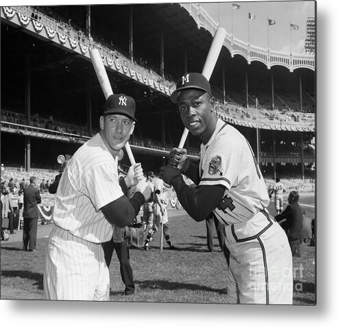 People Metal Print featuring the photograph Mickey Mantle And Hank Aaron Holding by Bettmann