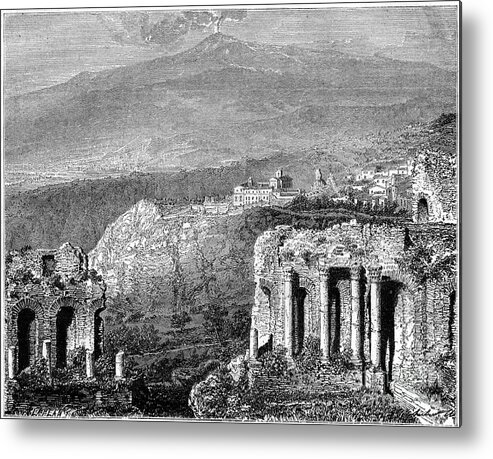 Scenics Metal Print featuring the drawing Mount Etna And A View Of Taormina by Print Collector