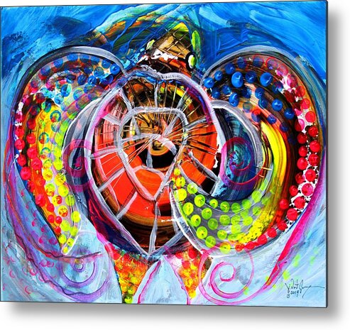 Seaturtle Metal Print featuring the painting Neon Sea Turtle, Wake and Drag by J Vincent Scarpace