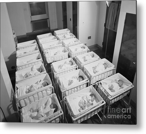 People Metal Print featuring the photograph Newborn Babies In Cribs At Hospital by Bettmann