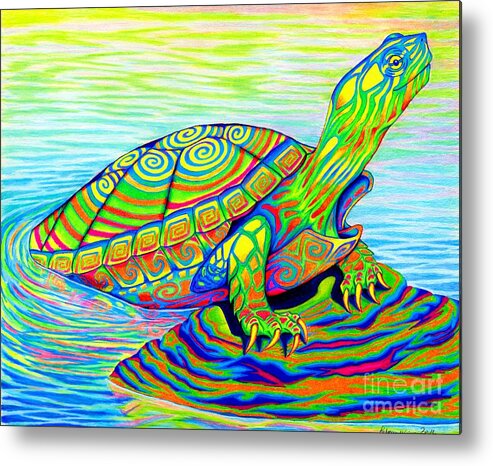 Turtle Metal Print featuring the drawing Psychedelic Neon Rainbow Painted Turtle by Rebecca Wang