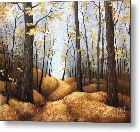 Golden Metal Print featuring the painting Path to autumn by Inese Poga