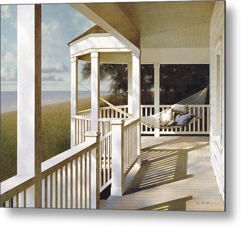 Porch With Hammock Looking Over Ocean Metal Print featuring the painting Porch Swing 2 by Zhen-huan Lu