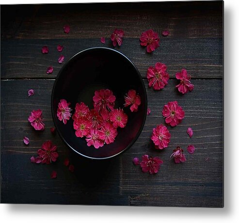 Red Metal Print featuring the photograph Red Plum Blossoms by Fangping Zhou