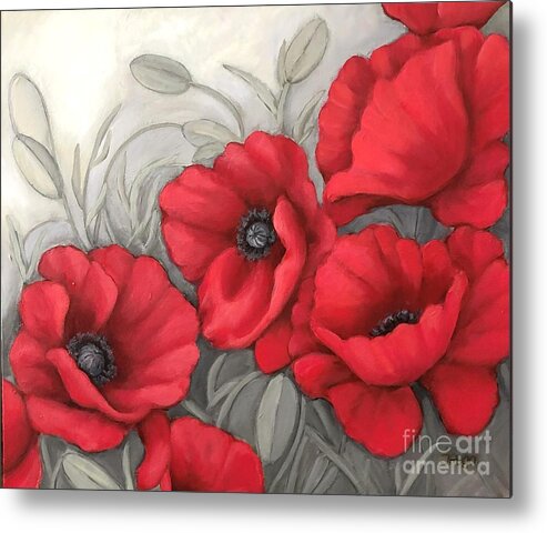 Poppy Metal Print featuring the painting Red poppies on grey by Inese Poga
