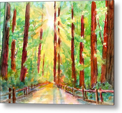 Redwoods Metal Print featuring the painting Redwoods and Sunshine by Carlin Blahnik CarlinArtWatercolor