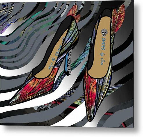 Fashion Metal Print featuring the drawing Shoes by Joan - Dragon Fly Wing Pumps by Joan Stratton