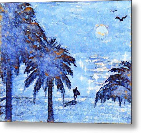 Painting Of A Surfer At The Beach In Florida Metal Print featuring the mixed media Surfer at the Beach by Lavender Liu