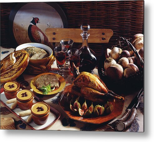 Plat Metal Print featuring the photograph Terrine De Lapin, Faisan Aux Figues Fraiches Et Mousses Glacees Au Cafe Rabbit Terrine,roast Pheasant With Fresh Figs And Coffee Ice Cream Mousse by Hussenot - Photocuisine