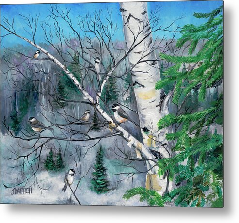 Chickadees Metal Print featuring the painting The Hangout by Joe Baltich