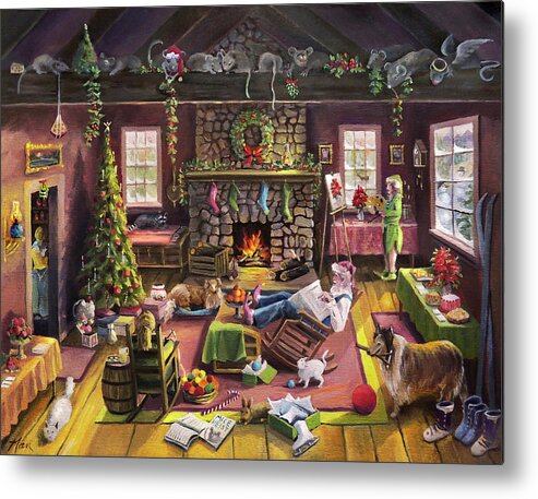 Cabin Metal Print featuring the painting The Micey Christmas Heisty by Nancy Griswold