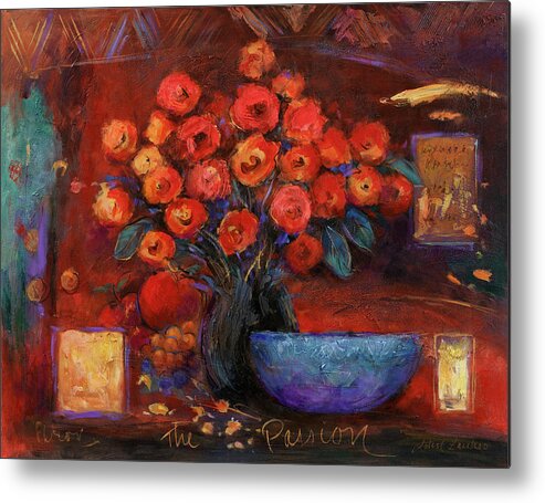 Red Flowers Blue Bowl Metal Print featuring the painting The Passion by John Zaccheo