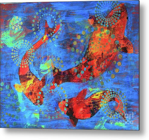 Pond Metal Print featuring the painting Three Goldfish, Golden Bubbles by Jeanette French