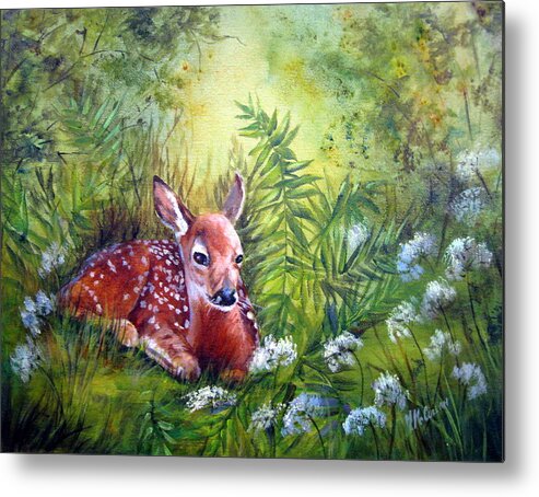 Fawn Metal Print featuring the painting  Waiting for Mom by Mary McCullah