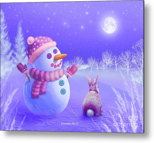 Snowman Metal Print featuring the painting Winter Night Moon Watching by Yoonhee Ko
