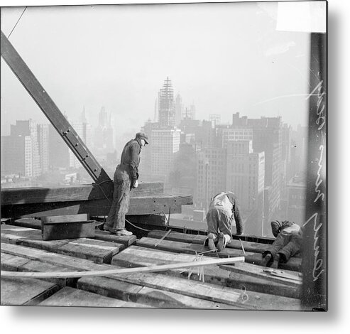 Looking Metal Print featuring the photograph Workers Stand Atop A Construction Site by Chicago History Museum