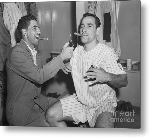 People Metal Print featuring the photograph Yogi Berra And Phil Rizzuto Smoking by Bettmann
