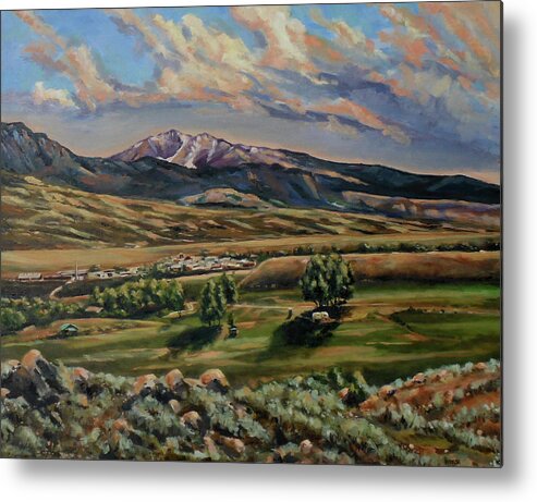 Western Landscape Metal Print featuring the painting Gardiner and Electric Peak From Scotty's Place by Les Herman