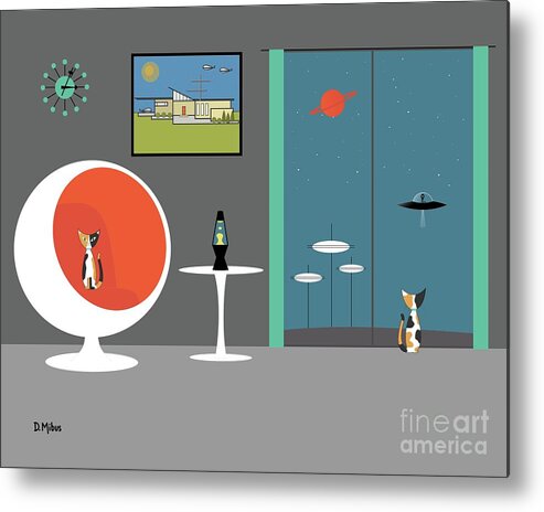 Mid Century Modern Metal Print featuring the digital art Mid Century Cat Spies Flying Saucer by Donna Mibus