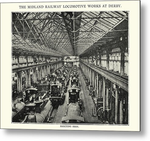 Engraving Metal Print featuring the drawing Midland railway locomotive works at Derby, 1892 #1 by Duncan1890