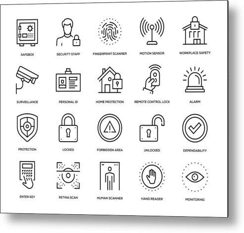 Fingerprint Scanner Metal Print featuring the drawing Security Icon Set #1 by Enis Aksoy