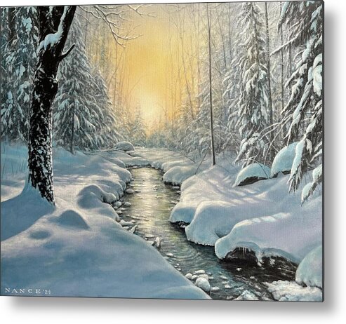 Winter Metal Print featuring the painting Snowy stream #1 by Dan Nance