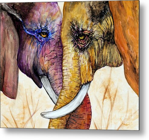 Elephants Metal Print featuring the painting Together Forever #1 by Maria Barry