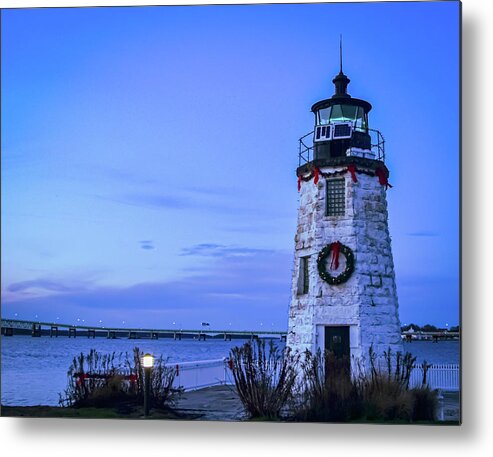 Goat Island Lighthouse Dressed For The Holidays Metal Print featuring the photograph Goat Island Lighthouse dressed for the Holidays #2 by Christina McGoran