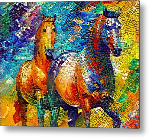 Horse Walking Metal Print featuring the digital art A couple of horses walking - colorful mosaic by Nicko Prints
