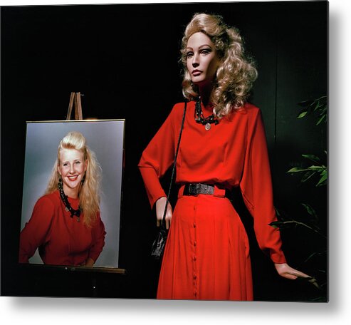 Mannequin Metal Print featuring the photograph A real girl and a mannequin with a red dress. Rockland, ME 1988 by Roberto Bigano