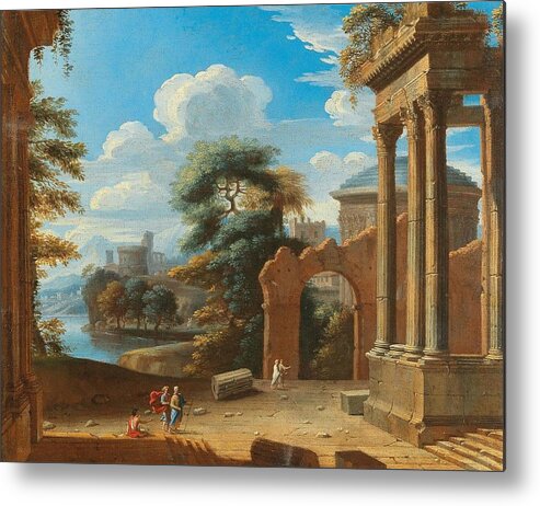  Metal Print featuring the drawing A river landscape with figures by ruins th Century by French School French thth Century