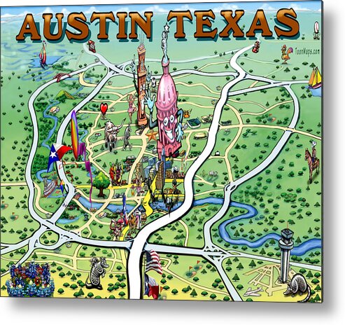 Austin Metal Print featuring the painting Austin Texas Fun Map by Kevin Middleton