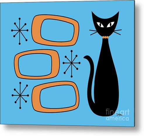 Mid Century Cat Metal Print featuring the digital art Black Cat with Mod Oblongs Blue by Donna Mibus