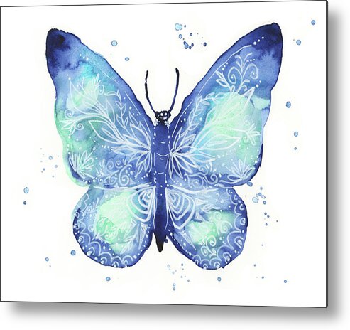 Blue Butterfly Metal Print featuring the painting Blue Butterfly with Foliage by Olga Shvartsur