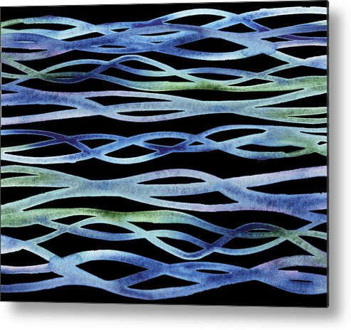 Organic Metal Print featuring the painting Blue Green Purple Abstract Organic Lines Ocean Waves Watercolor On Black by Irina Sztukowski
