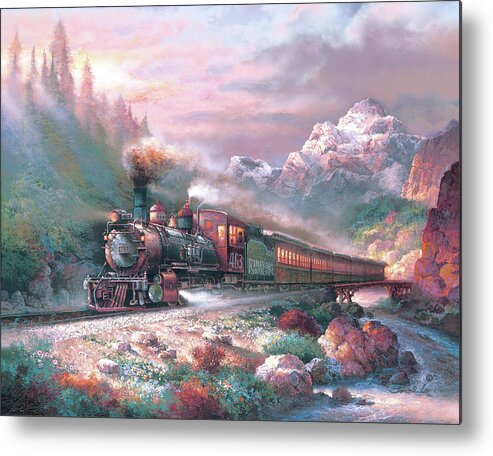 Train Metal Print featuring the painting Canyon Railway by James Lee