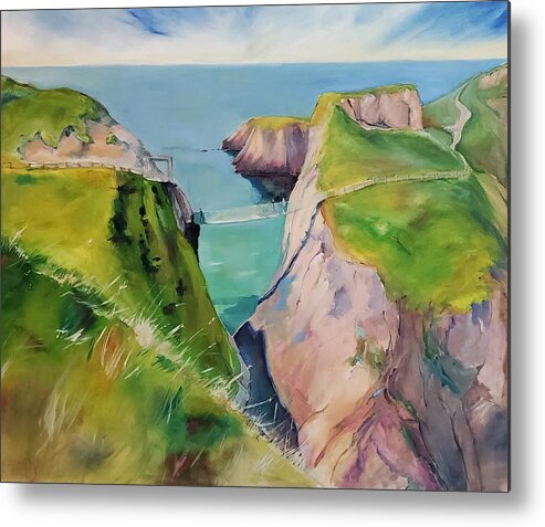 Landscape Metal Print featuring the painting Carrick-a-Rede Rope Bridge by Sheila Romard