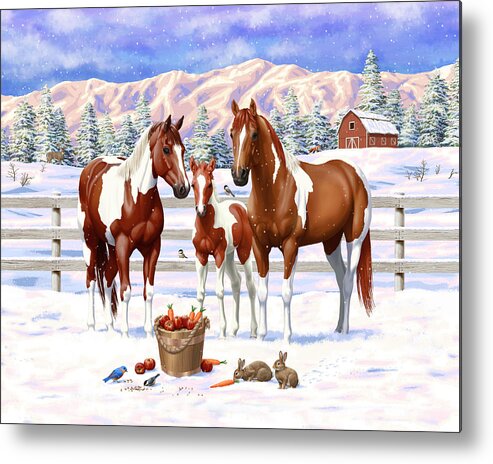 Paint Horse Metal Print featuring the painting Chestnut Pinto Sorrel Paint Horses In Snow by Crista Forest